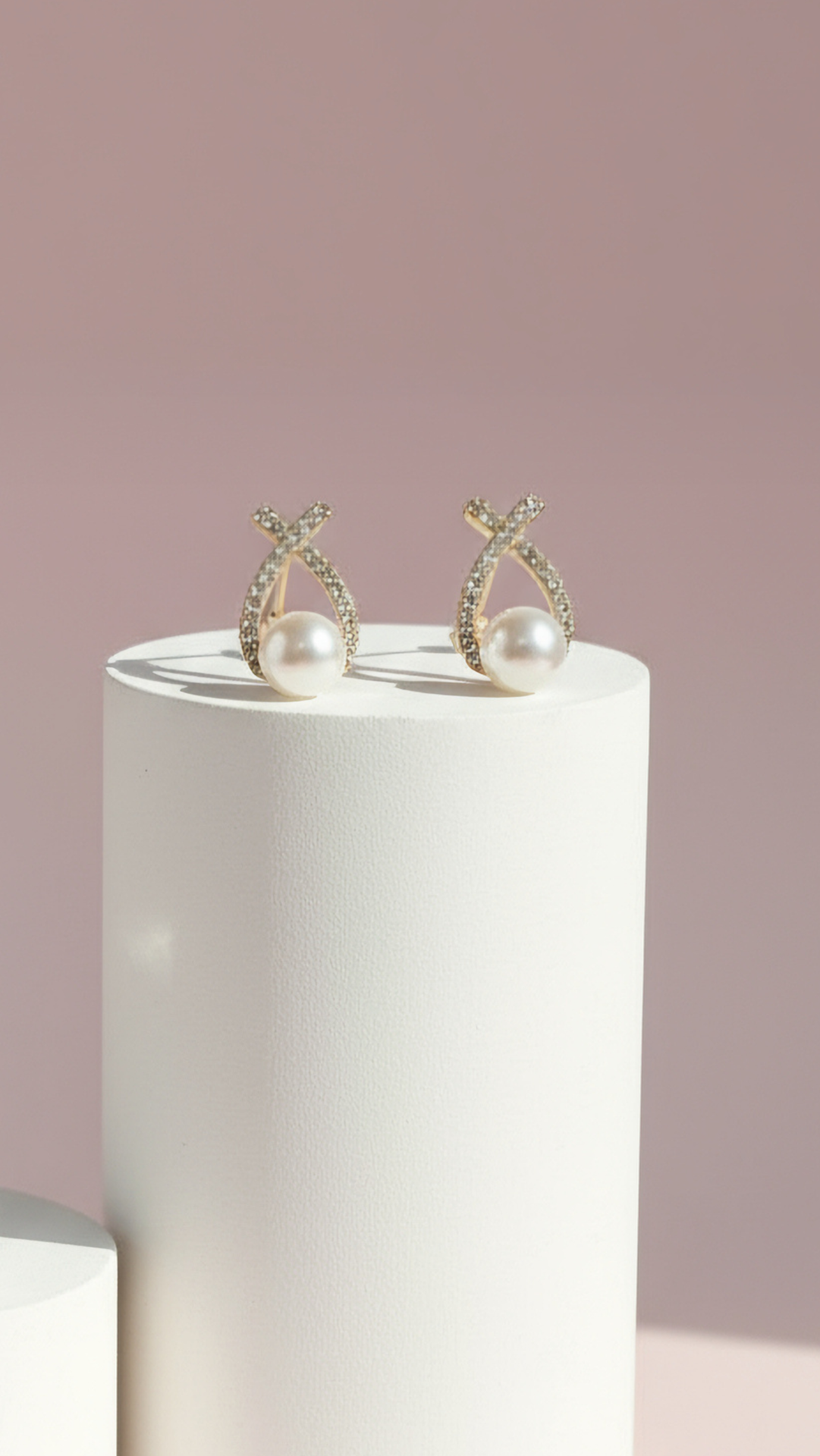 Pearl Crystal Wishbone Cross Stud Earrings