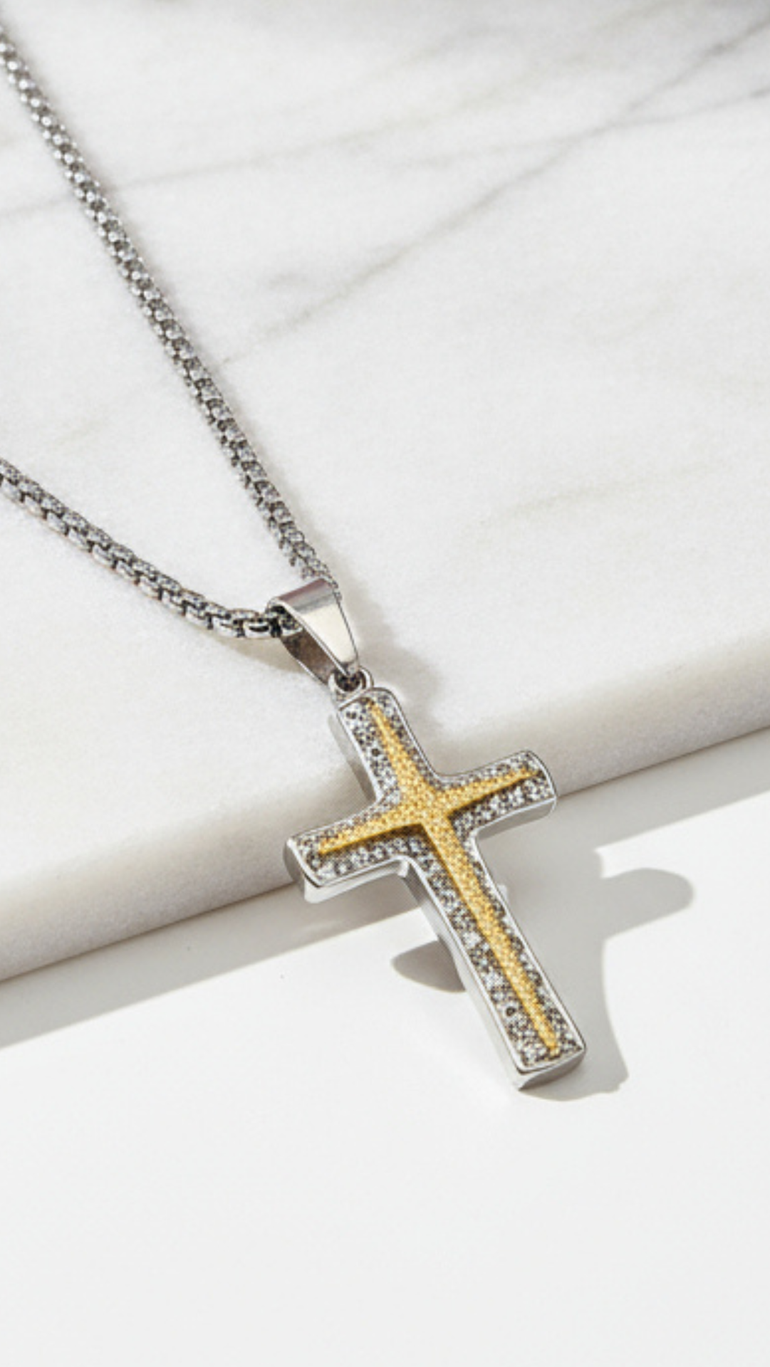 Textured Two Tone Stainless Steel Cross Necklace