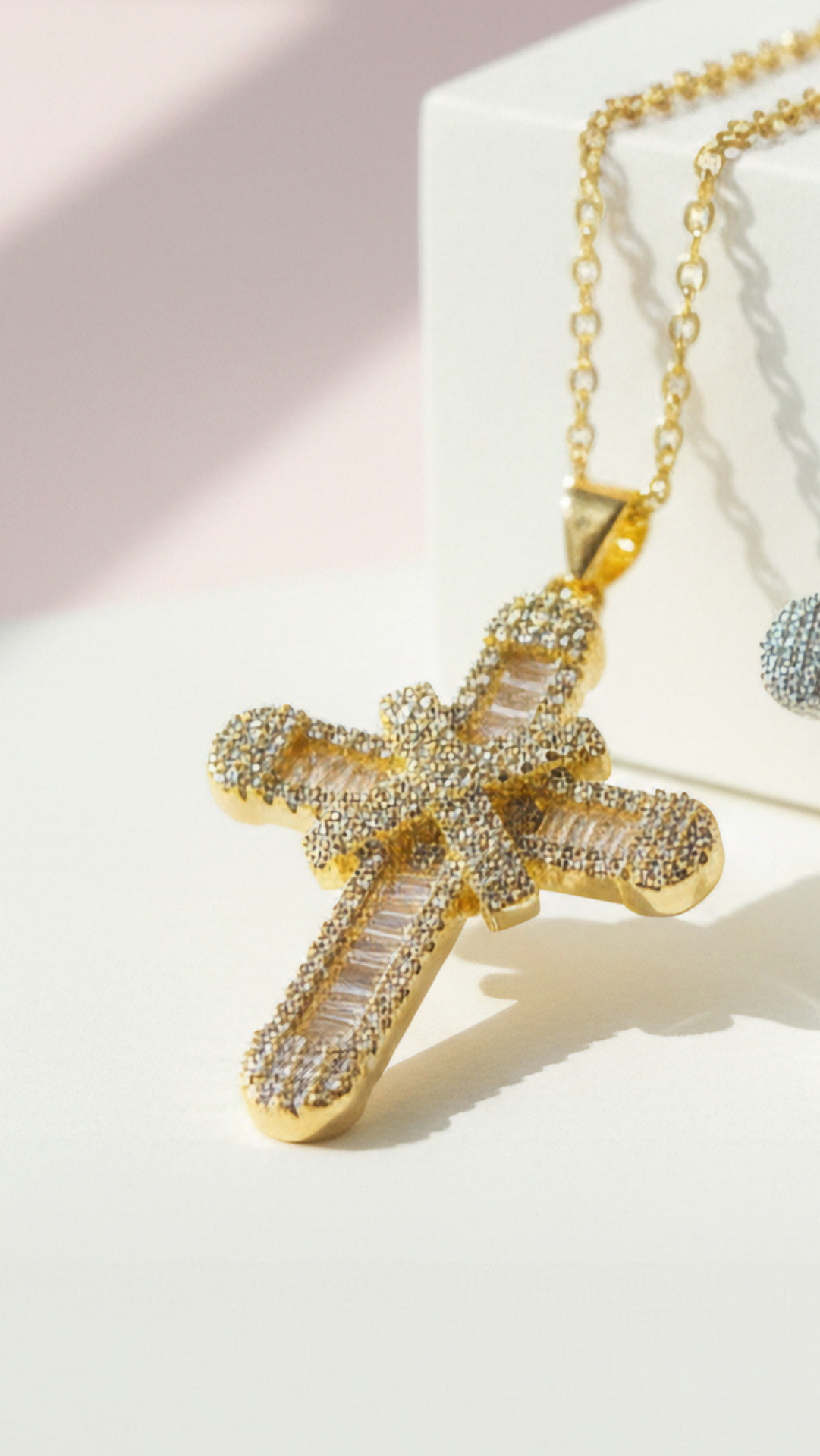 Baguette Cut Layered Cross Pendant Necklace