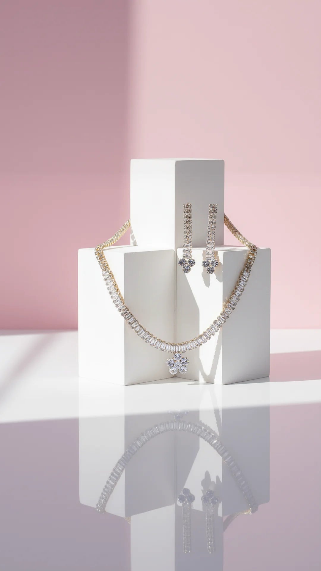 Flower Baguette Cut Crystal Necklace & Earrings Set