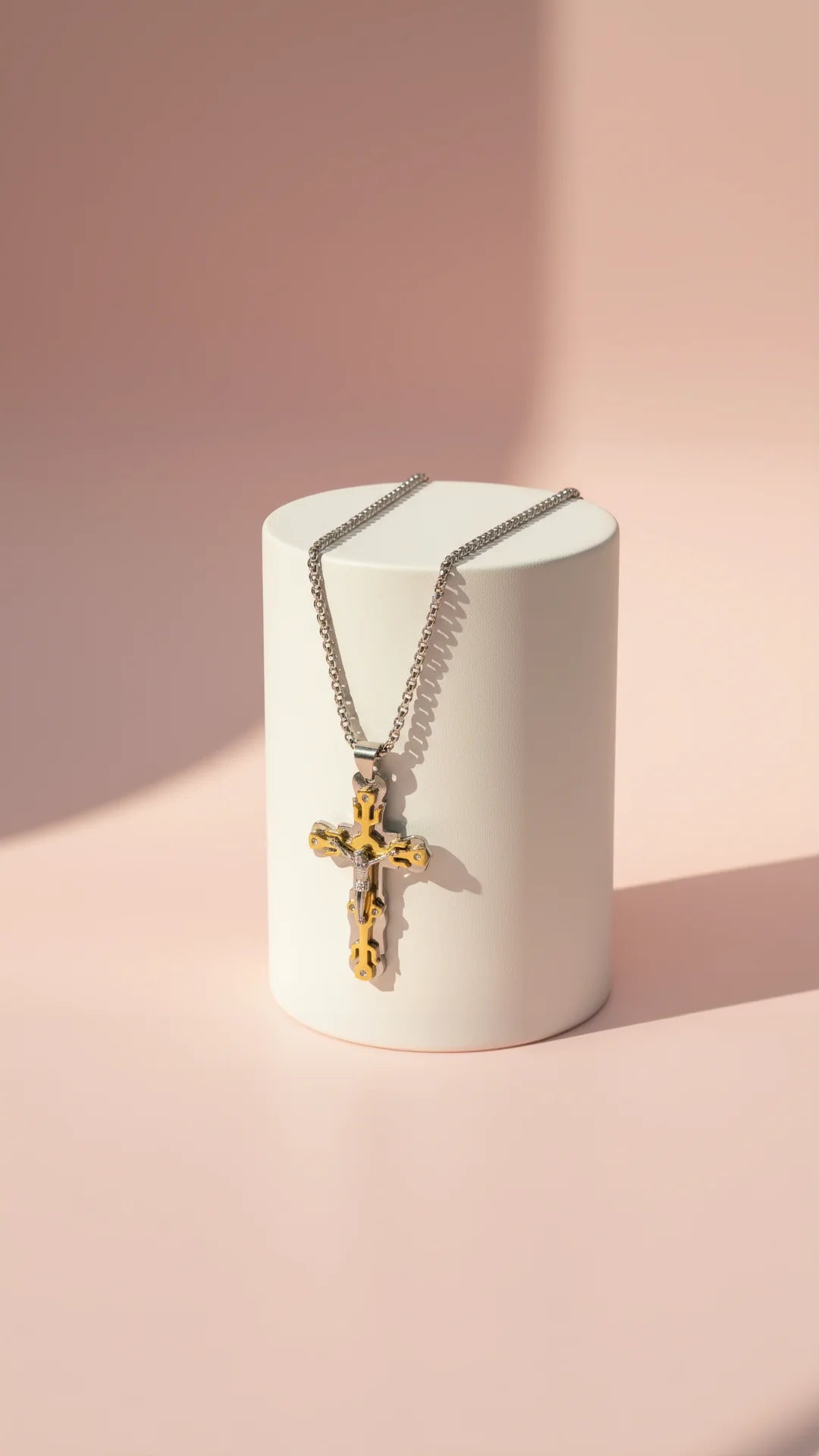 Two Tone Layered Crystal Cross Necklace