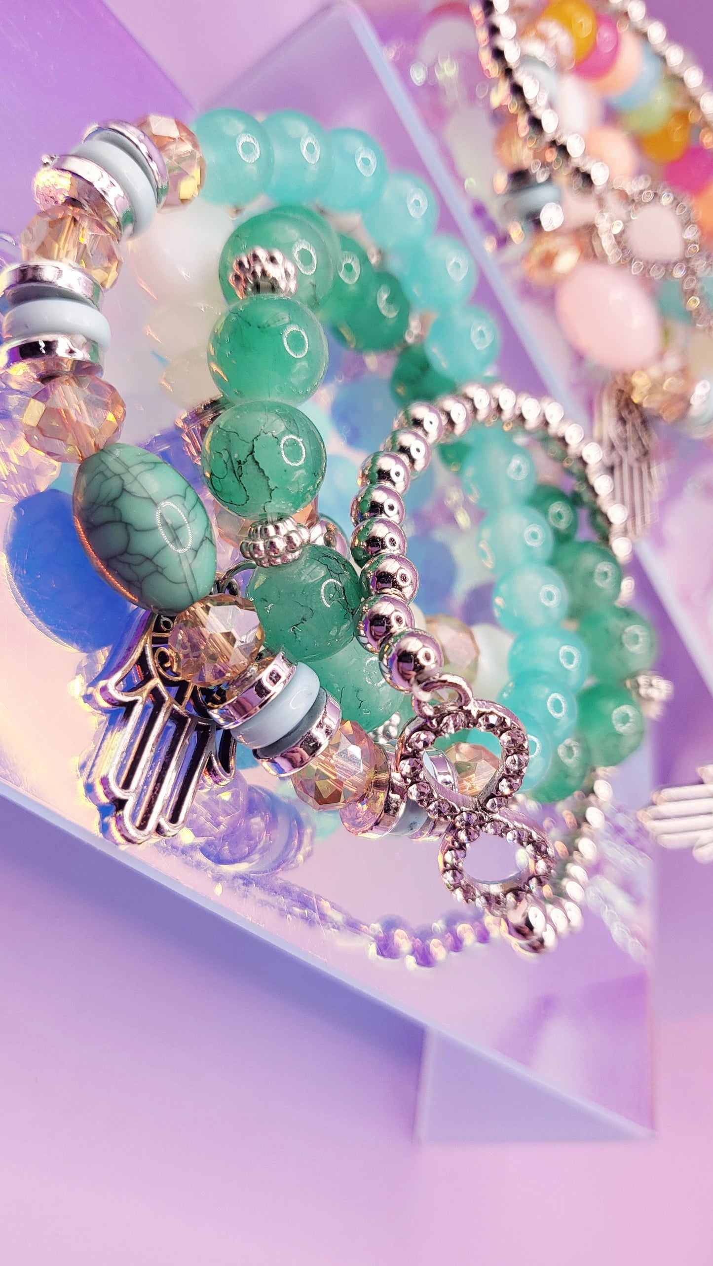 Bow Charm Ceramic Beaded Bracelet Set