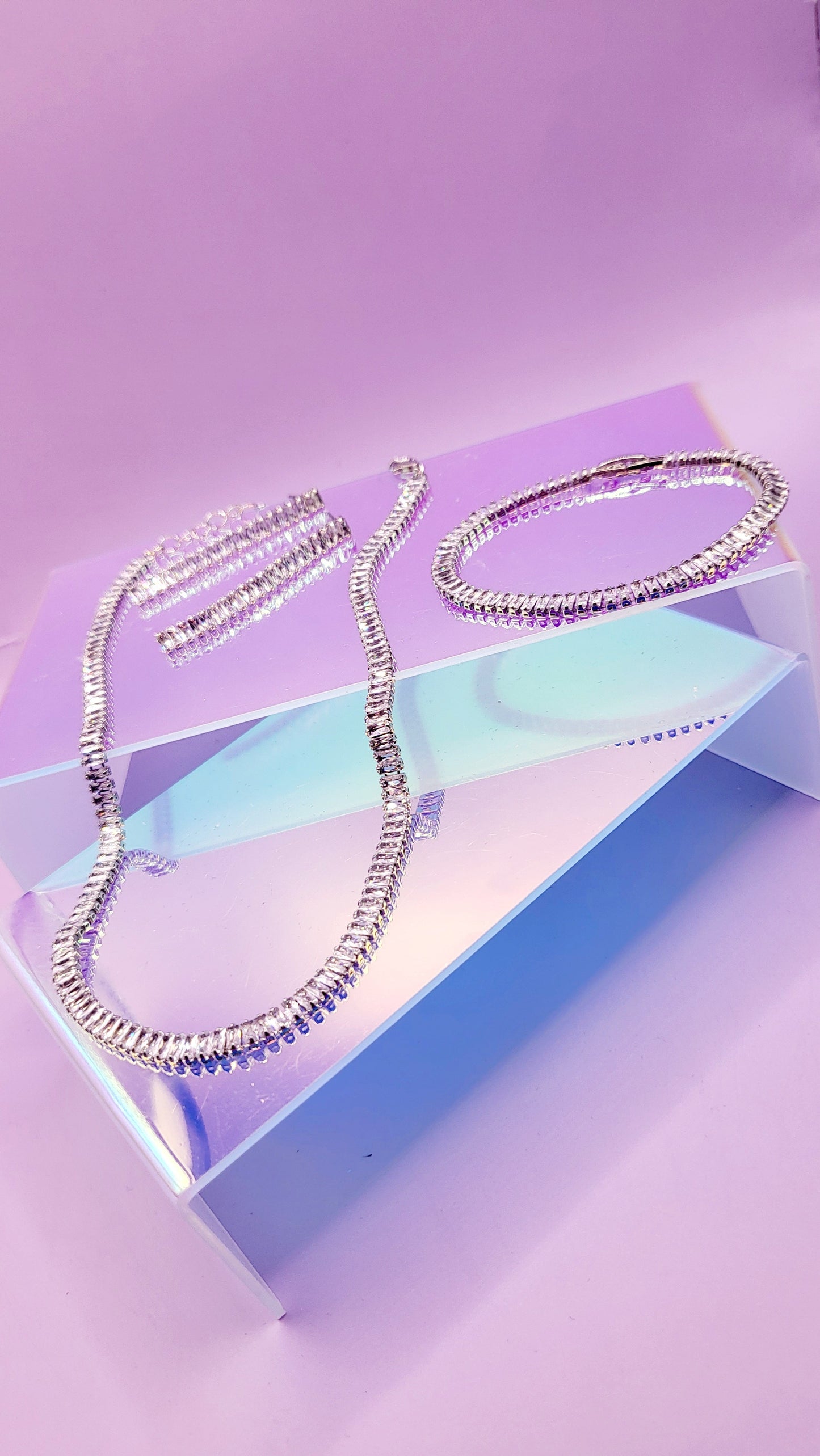 Mini Baguette Crystal Trio Necklace, Earrings & Bracelet
