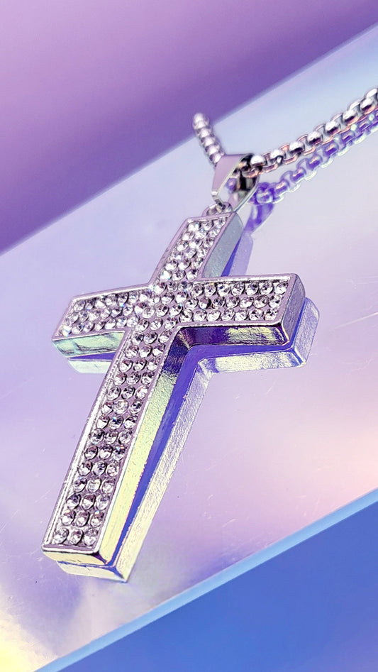 Iced Silver Crystal Cross Necklace