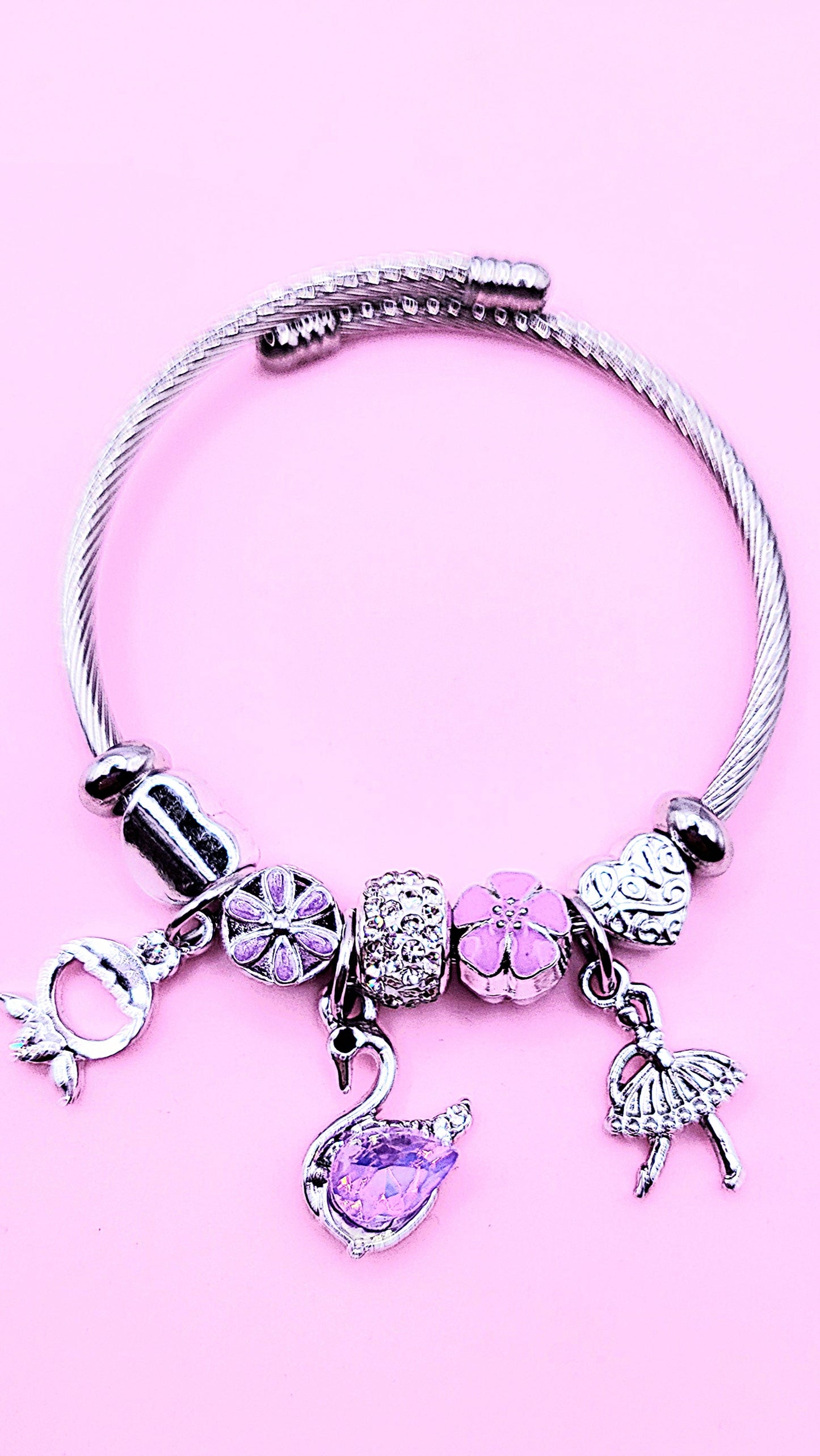 Ballerina & Swan Crystal Charm Breaded Bracelet