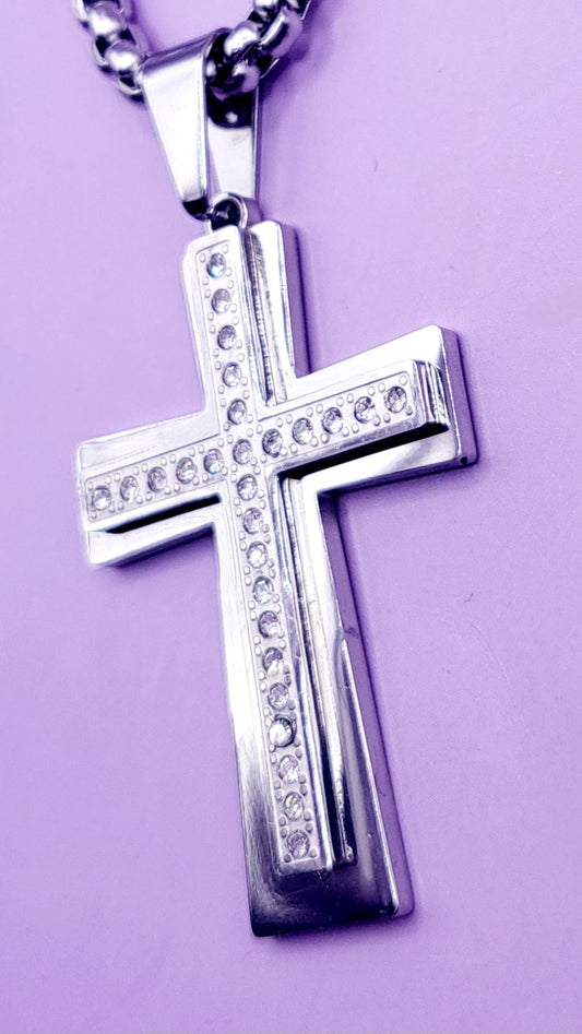 Large Sparkle Silver Cross Necklace