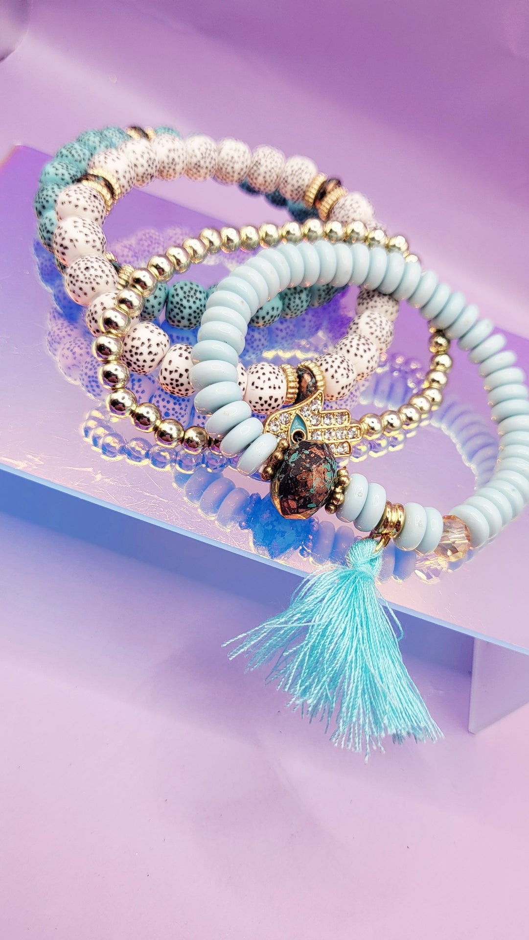 Tassel Charm Ceramic Beaded Bracelet Set