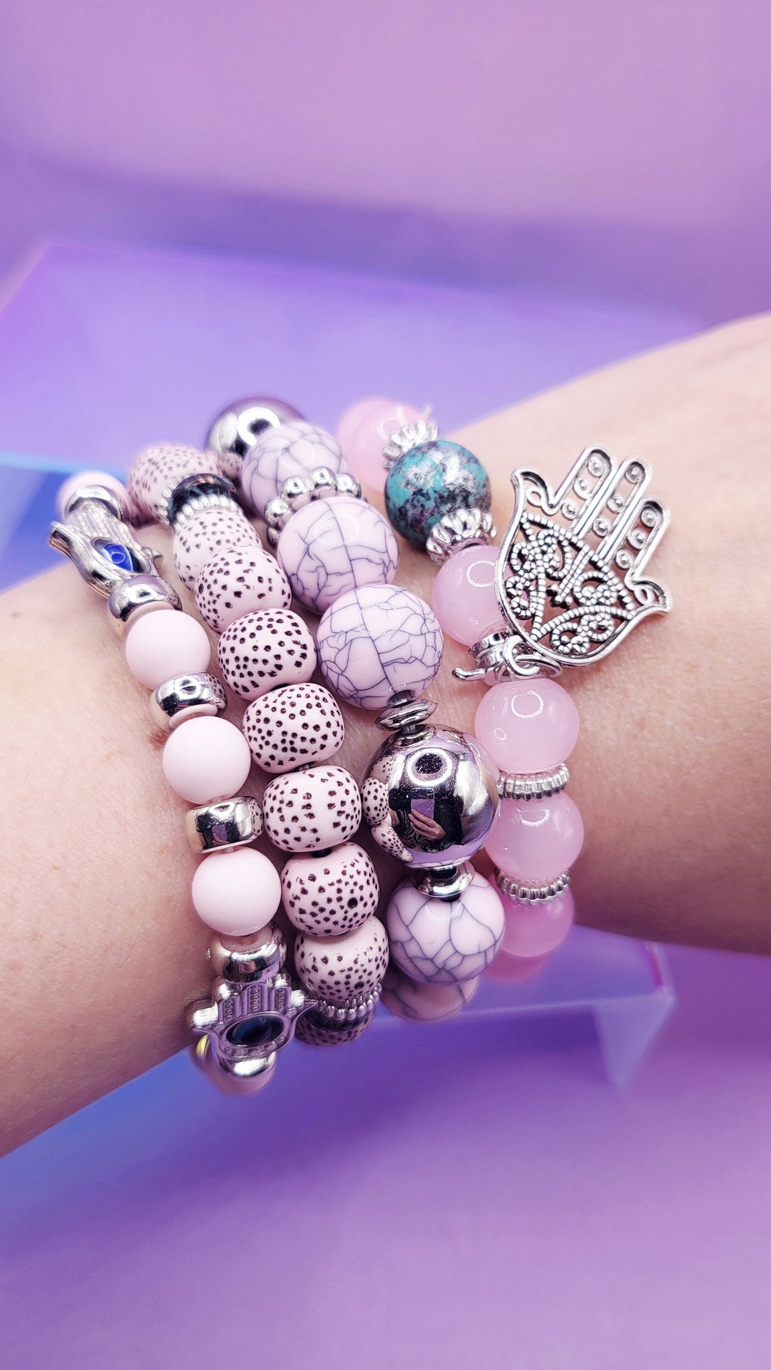 Hamsa Charm  Ceramic Beaded Bracelet Set