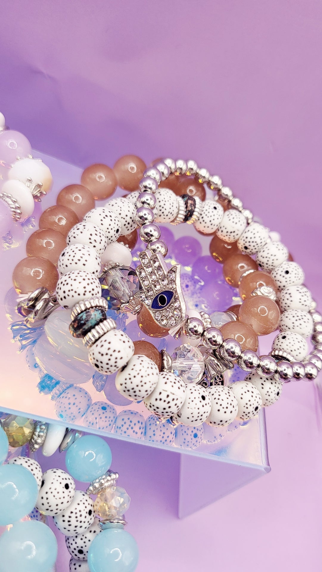 Hamsa Charm Ceramic Beaded Bracelet Set
