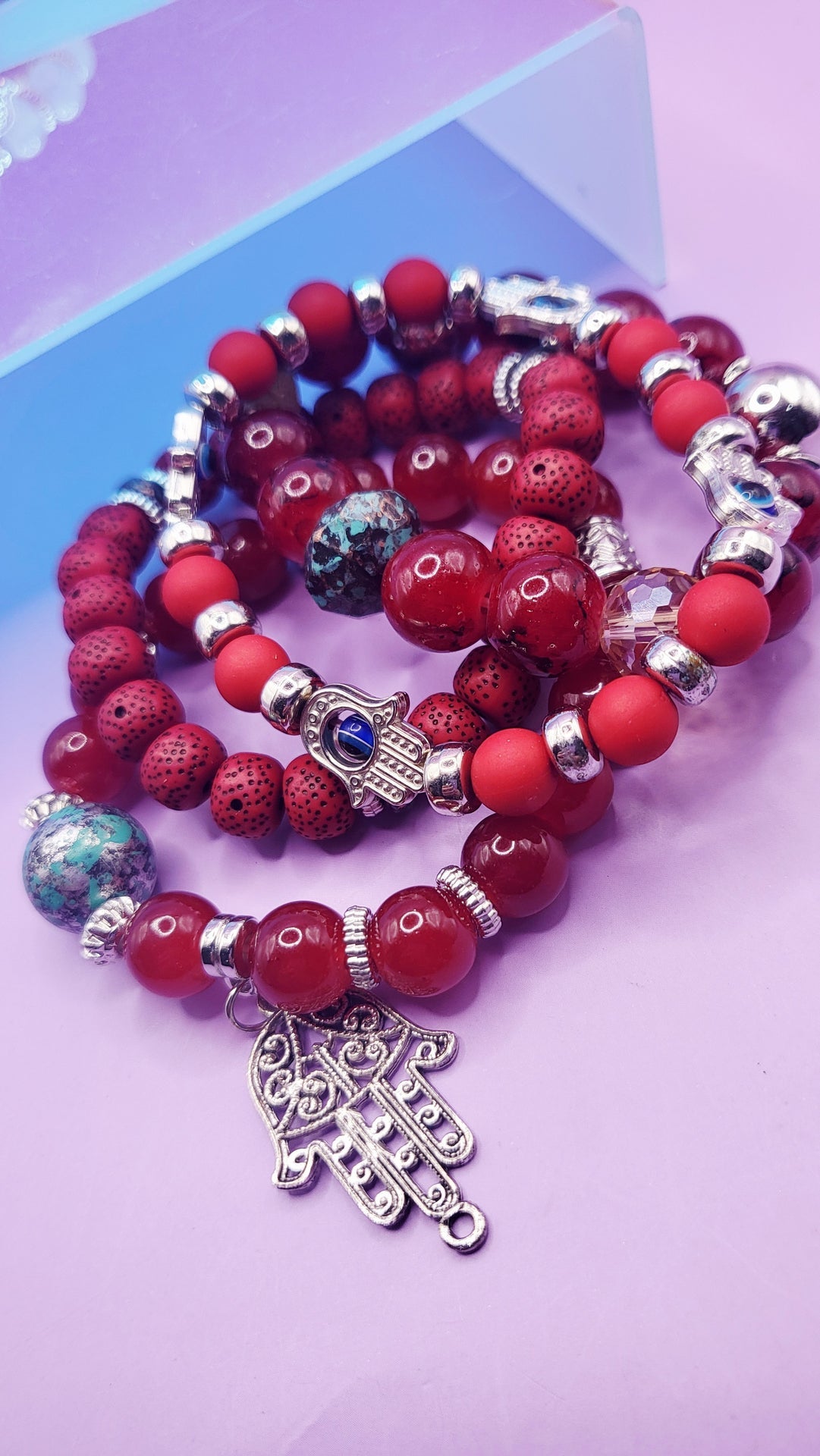 Hamsa Charm  Ceramic Beaded Bracelet Set