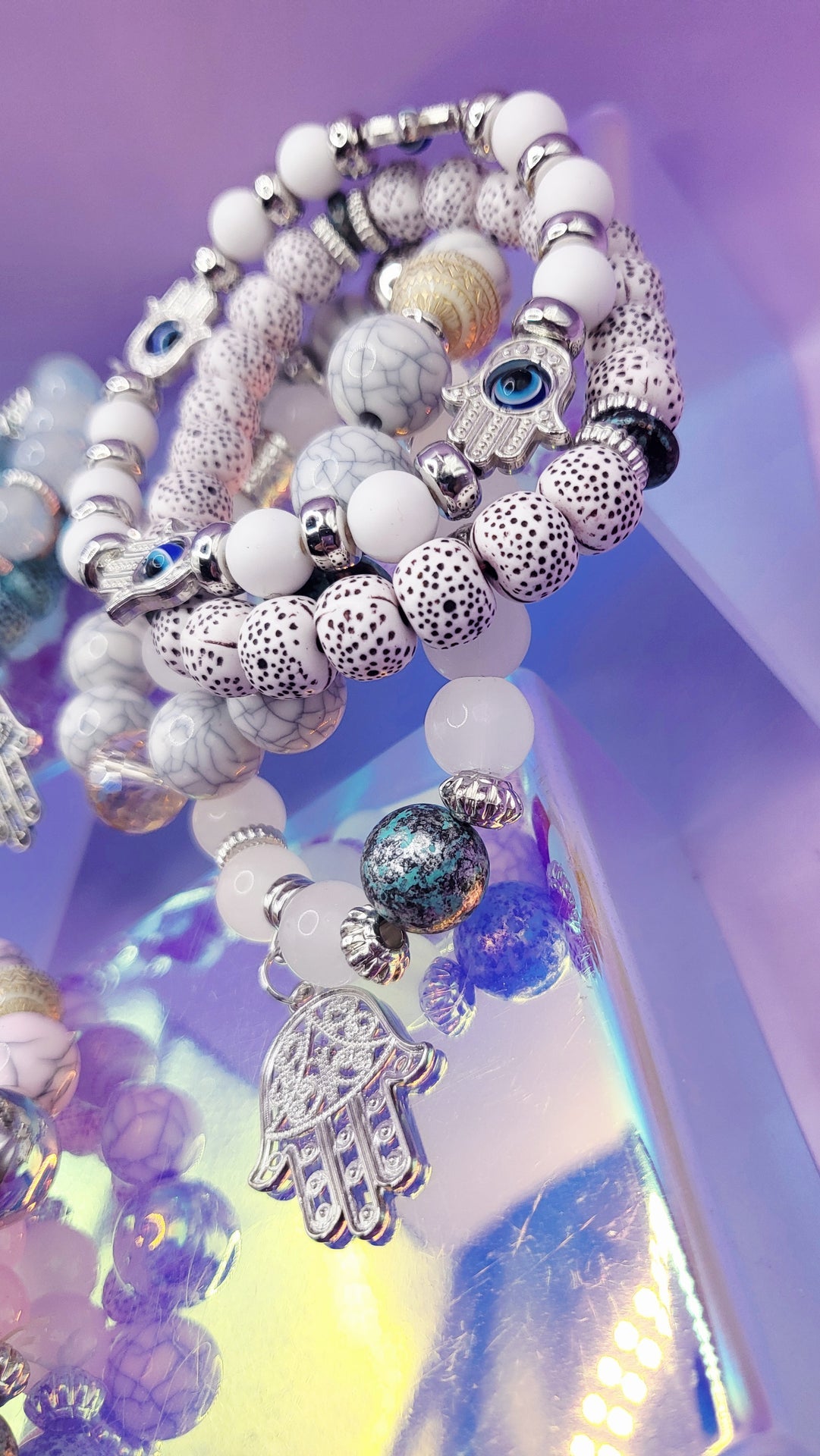 Hamsa Charm  Ceramic Beaded Bracelet Set