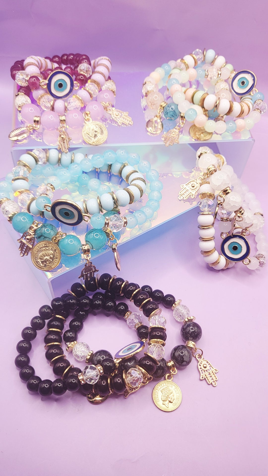 Evil Eye Charm Ceramic Beaded Bracelet Set