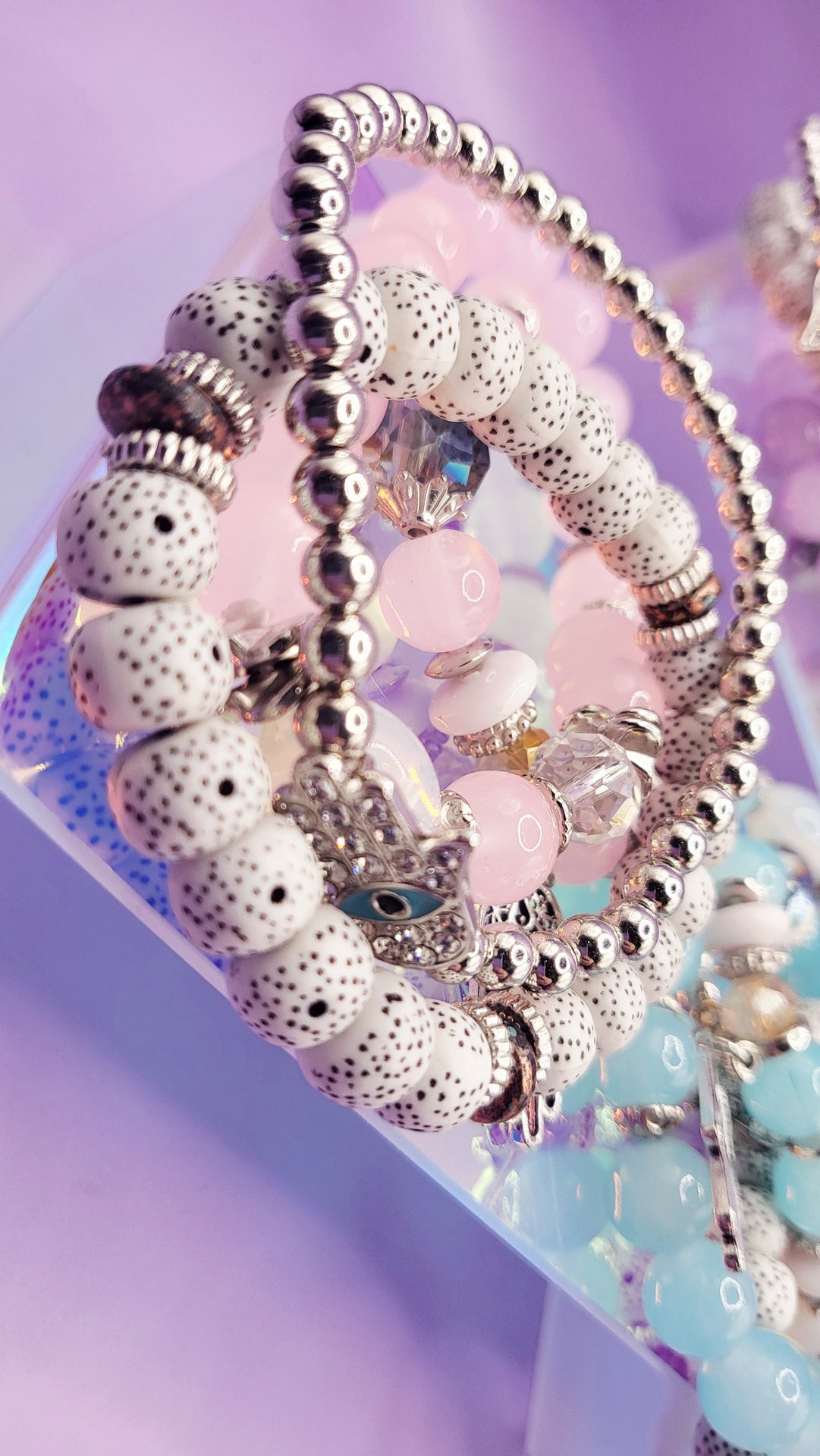 Hamsa Charm Ceramic Beaded Bracelet Set