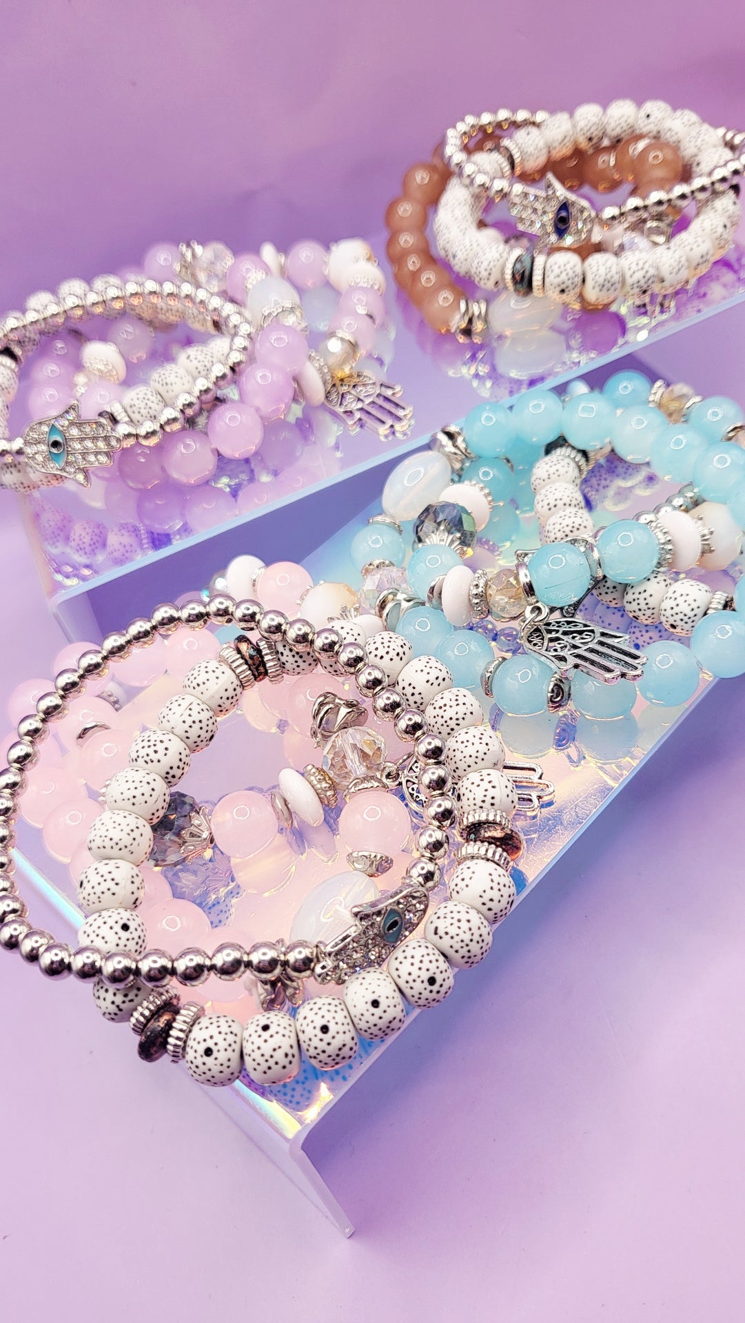 Hamsa Charm Ceramic Beaded Bracelet Set