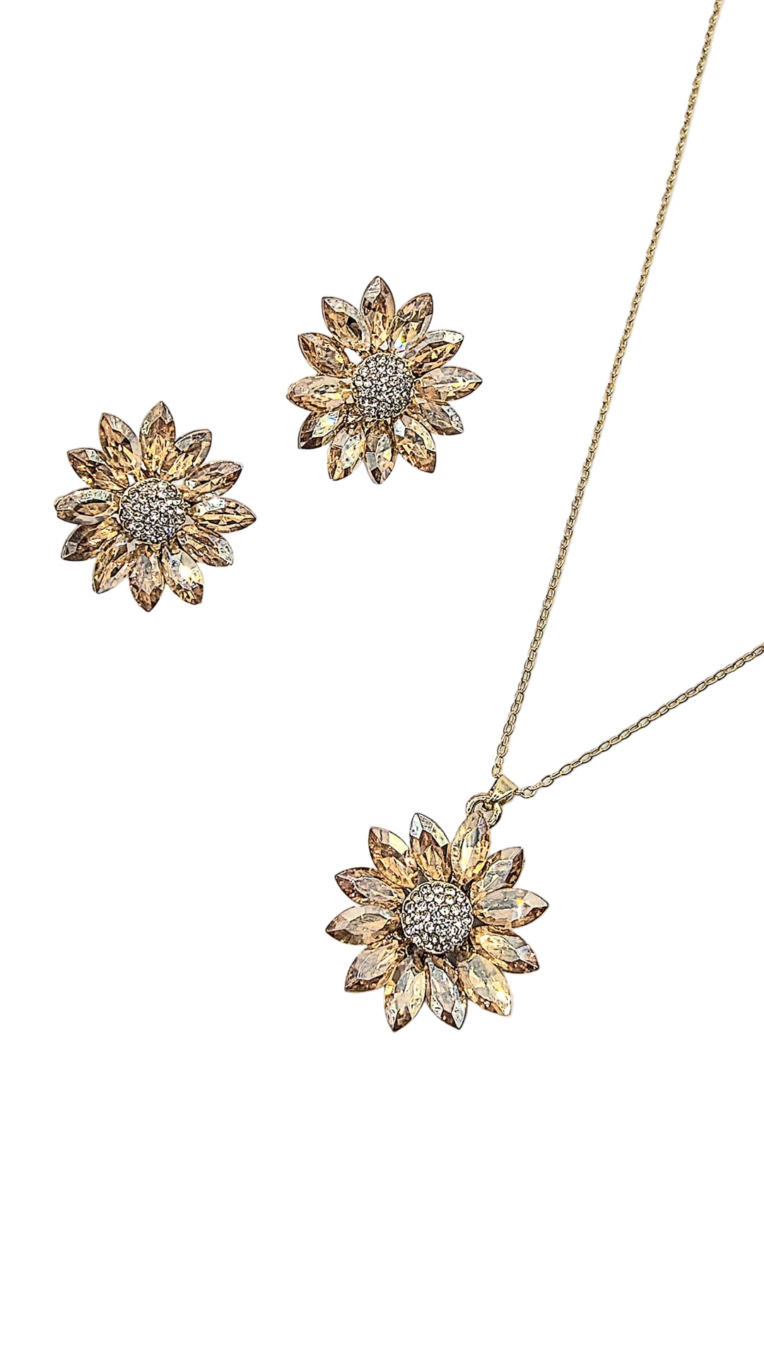 Sunflower-shaped jewelry set with necklace and earrings on a light background