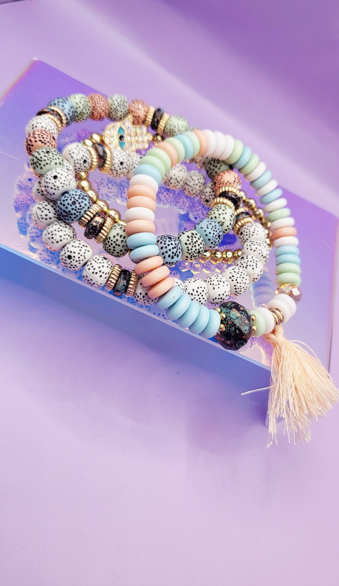 Tassel Charm Ceramic Beaded Bracelet Set