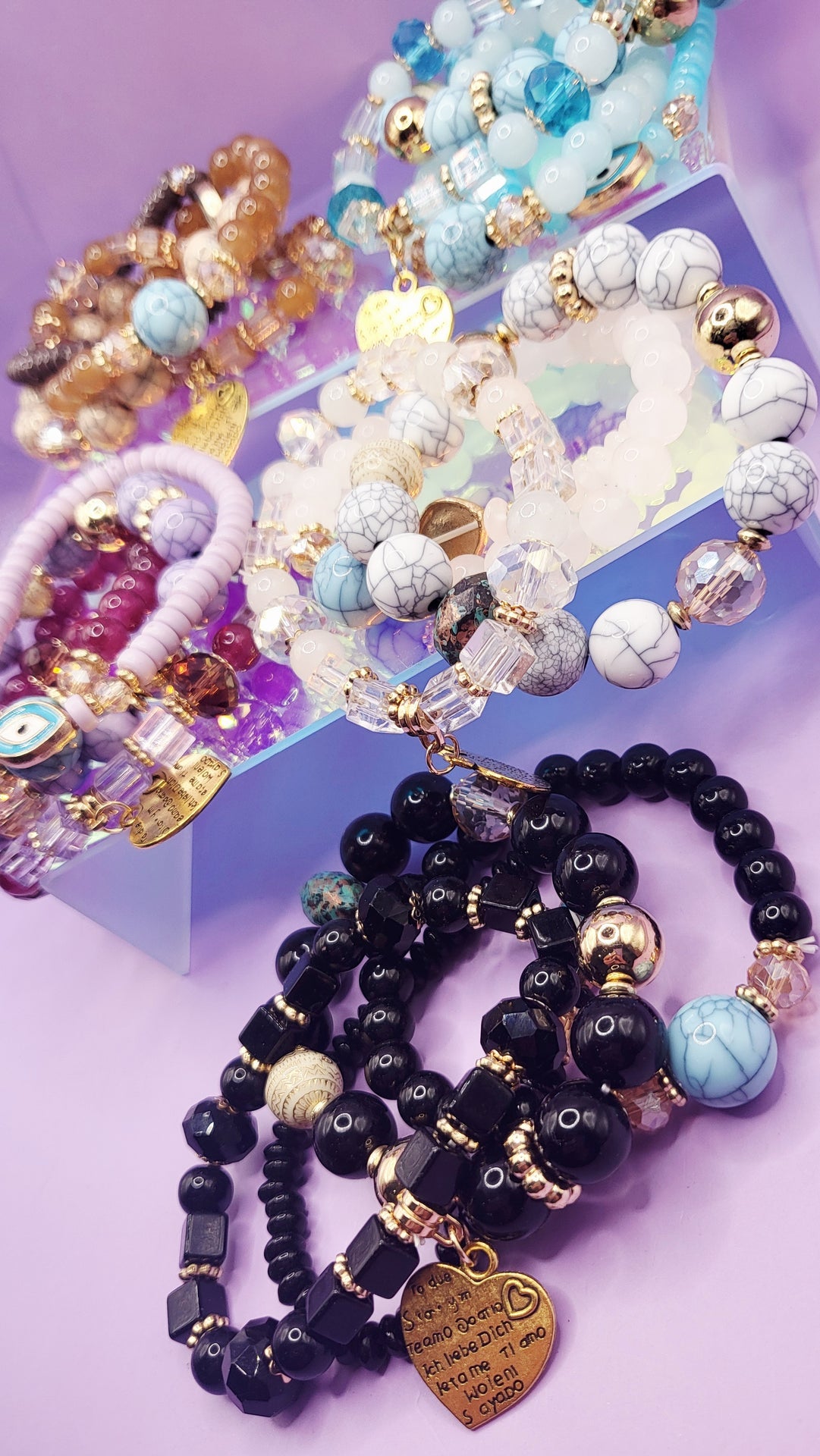 Heart Charm Ceramic Beaded Bracelet Set