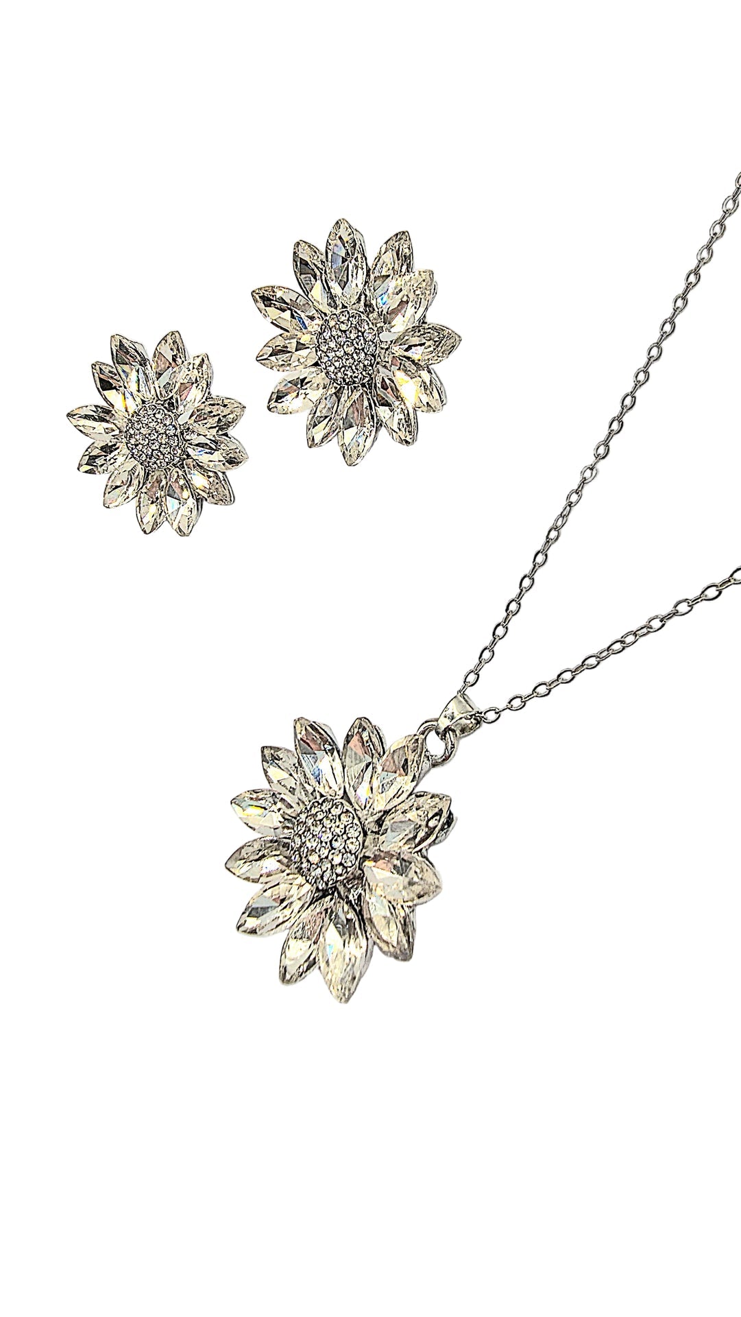Silver sunflower pendant necklace and earrings on a white background