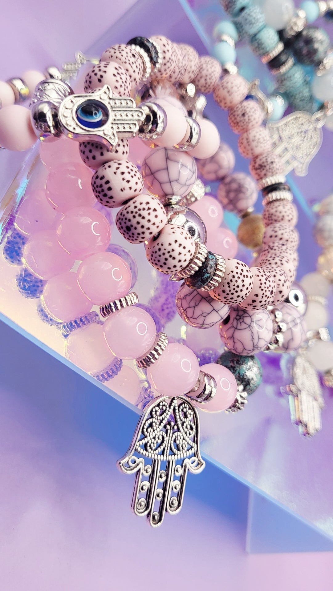 Hamsa Charm  Ceramic Beaded Bracelet Set