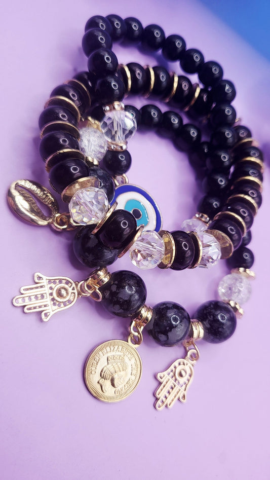 Evil Eye Charm Ceramic Beaded Bracelet Set