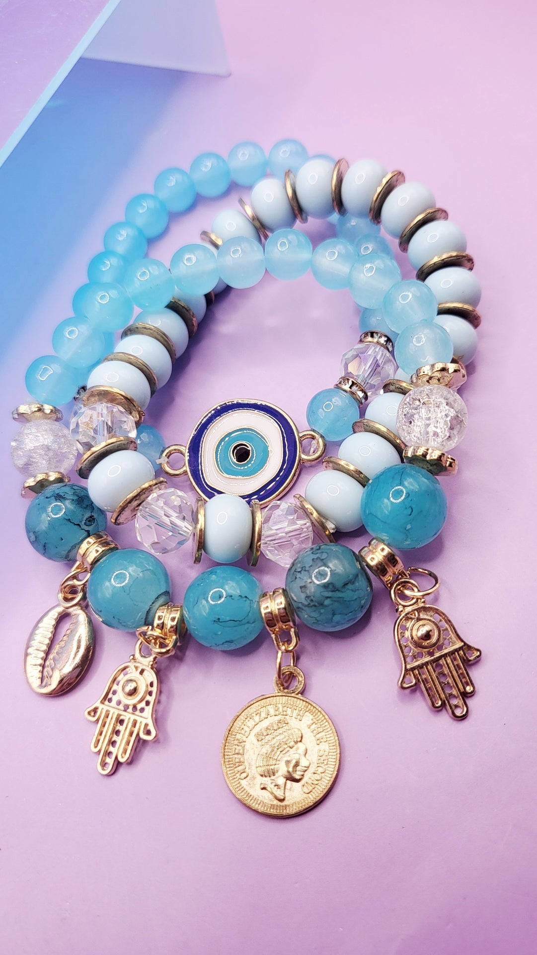 Evil Eye Charm Ceramic Beaded Bracelet Set