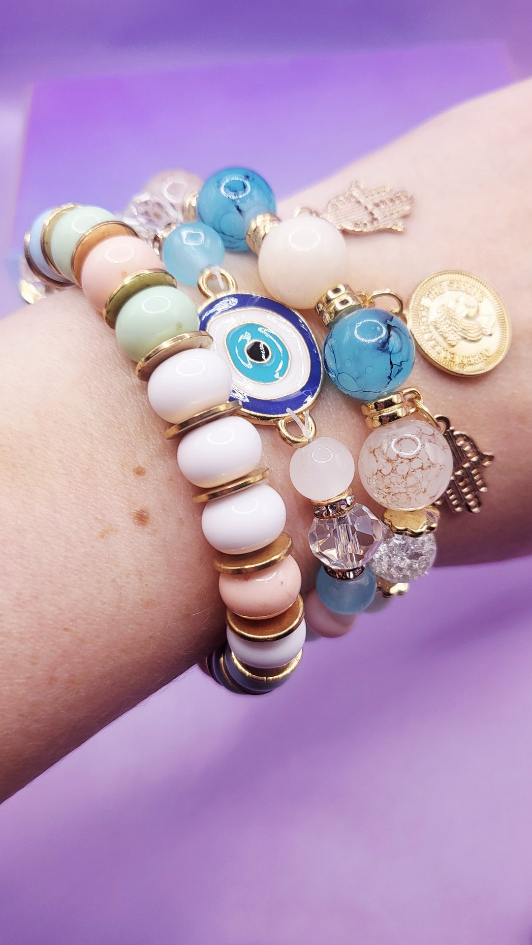 Evil Eye Charm Ceramic Beaded Bracelet Set