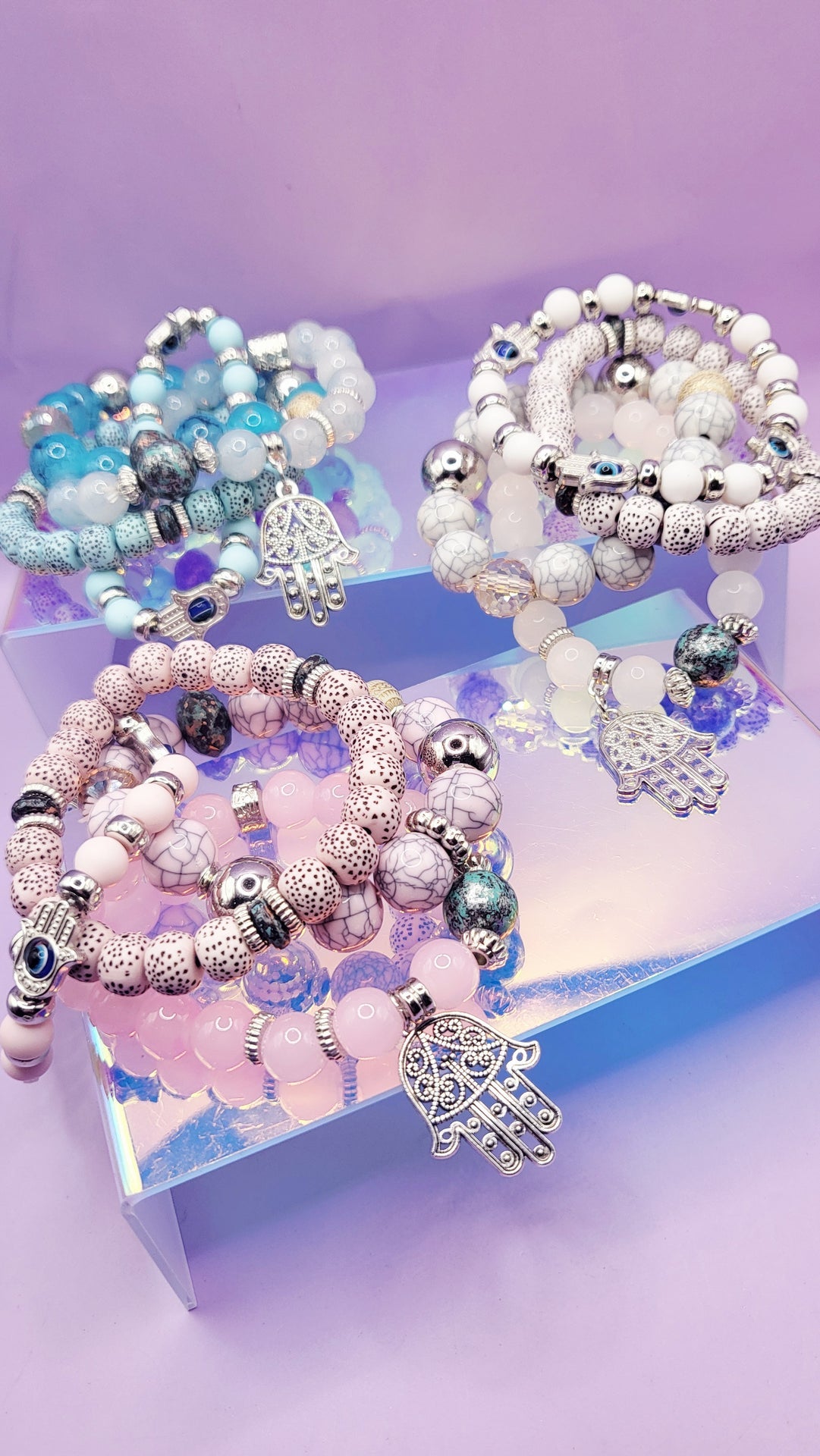 Hamsa Charm  Ceramic Beaded Bracelet Set