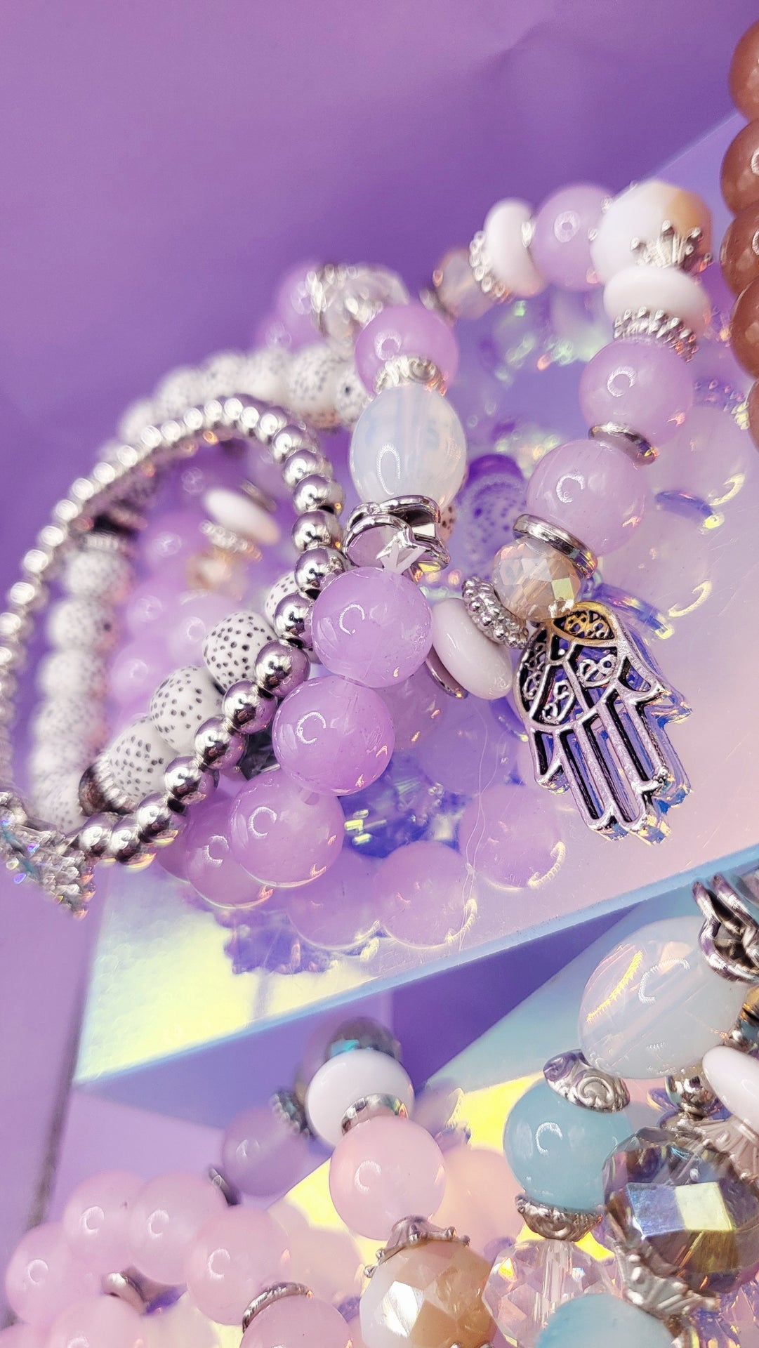 Hamsa Charm Ceramic Beaded Bracelet Set