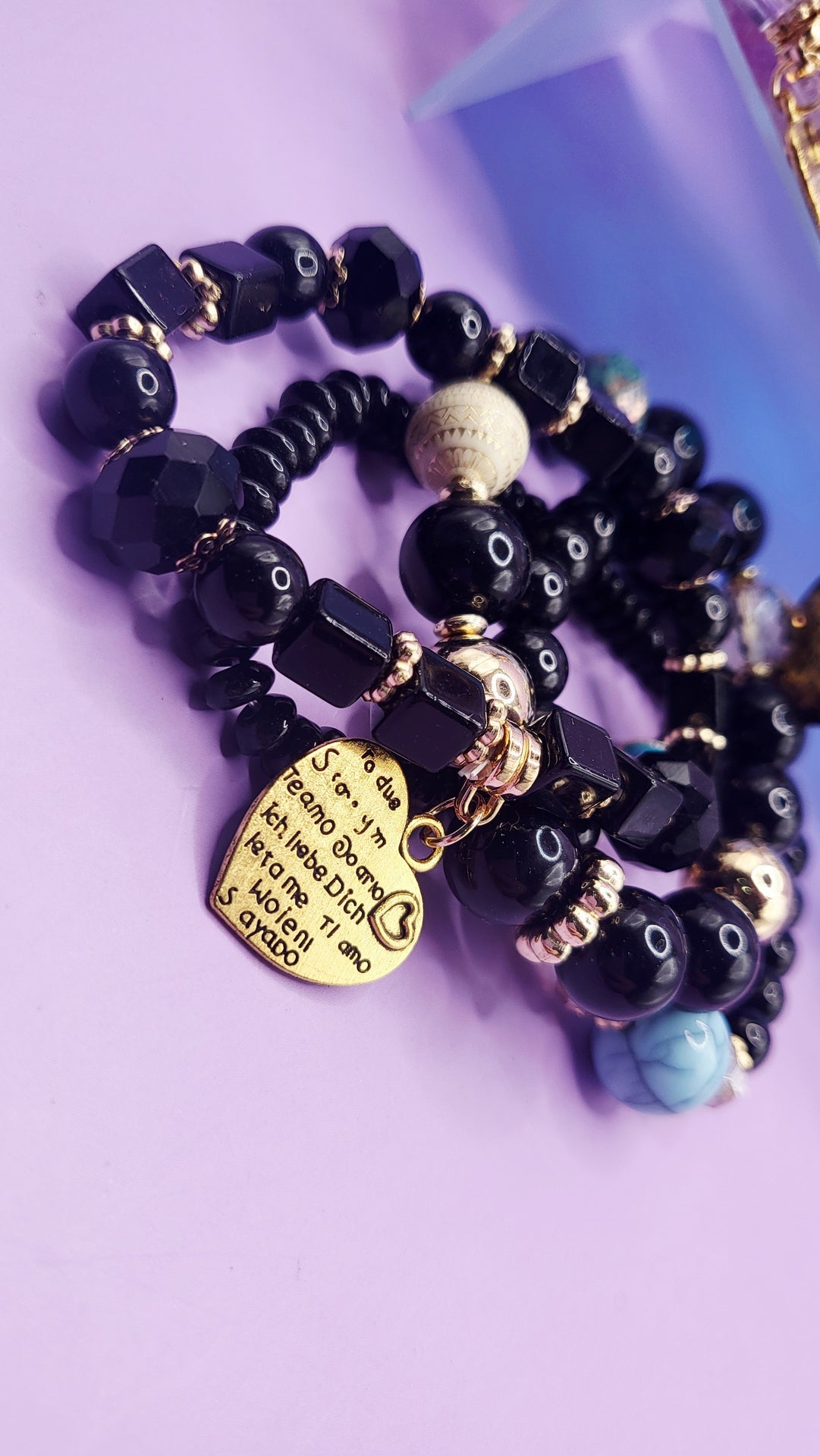 Heart Charm Ceramic Beaded Bracelet Set