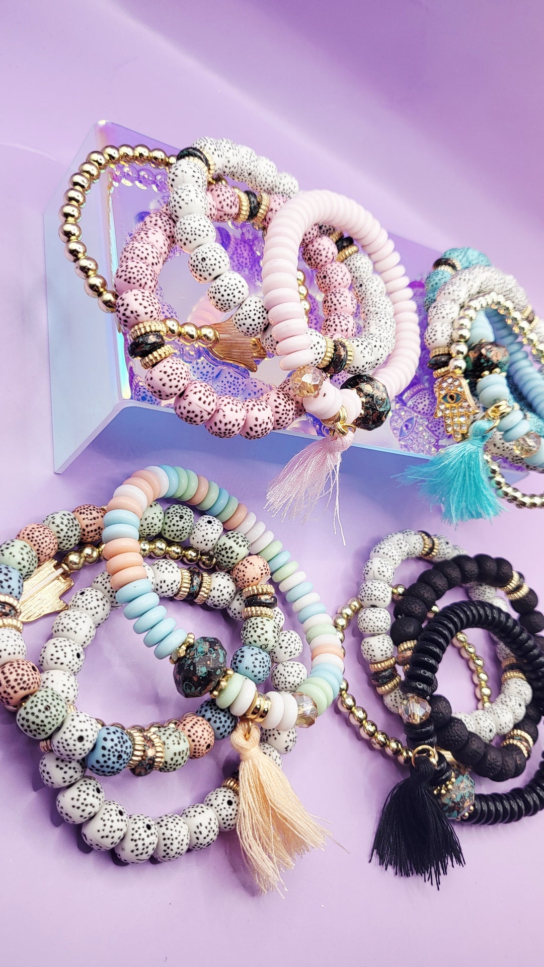 Tassel Charm Ceramic Beaded Bracelet Set