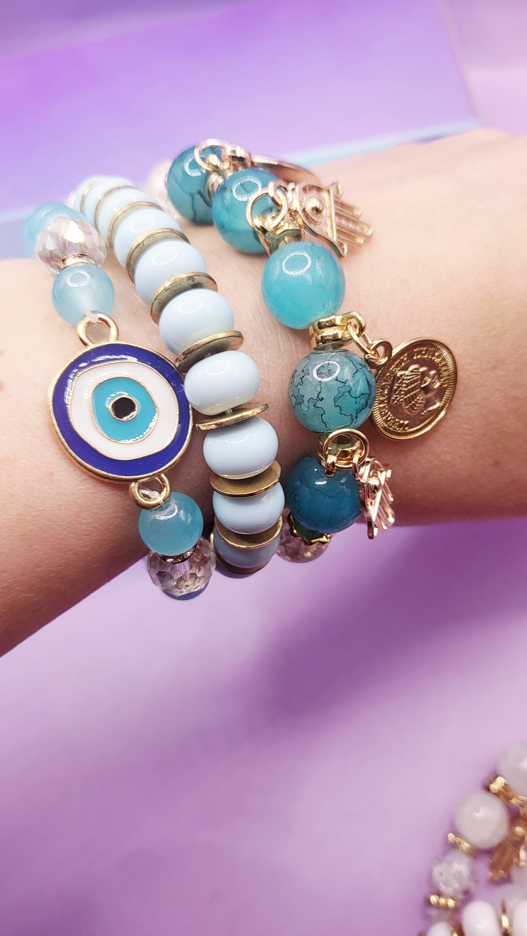 Evil Eye Charm Ceramic Beaded Bracelet Set