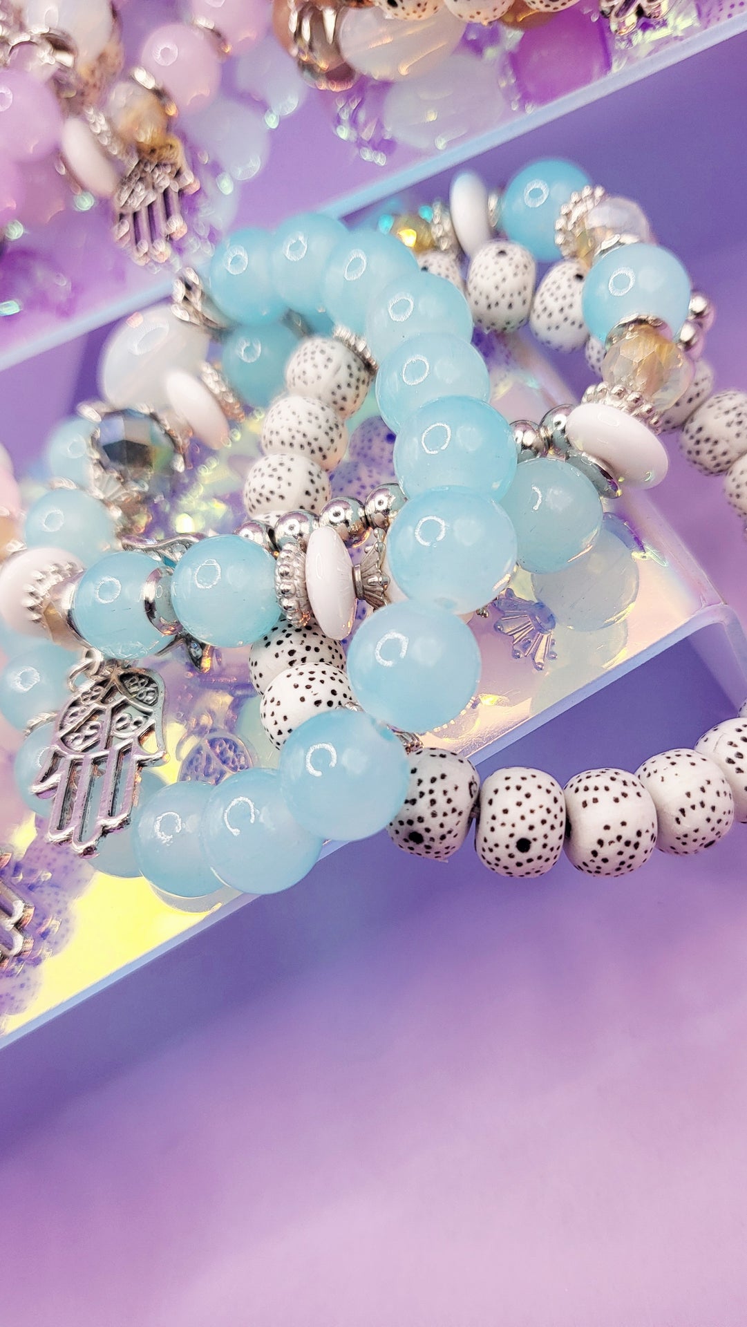 Hamsa Charm Ceramic Beaded Bracelet Set