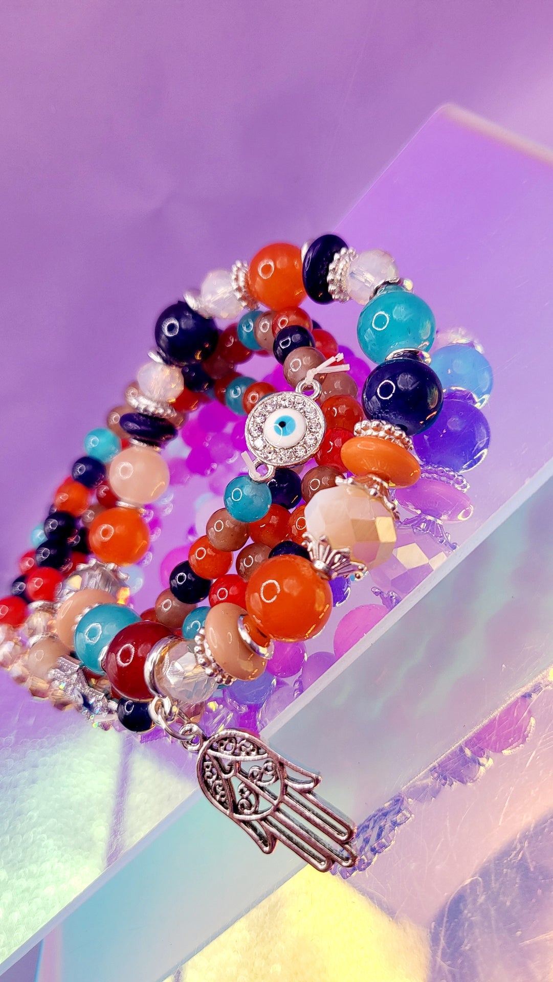 Hamsa Charm Ceramic Beaded Bracelet Set