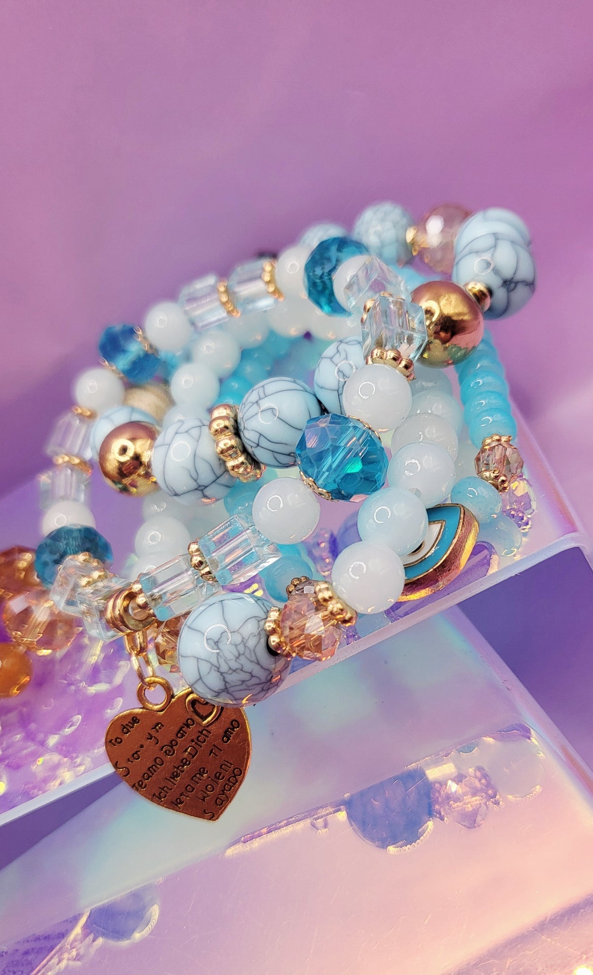 Heart Charm Ceramic Beaded Bracelet Set