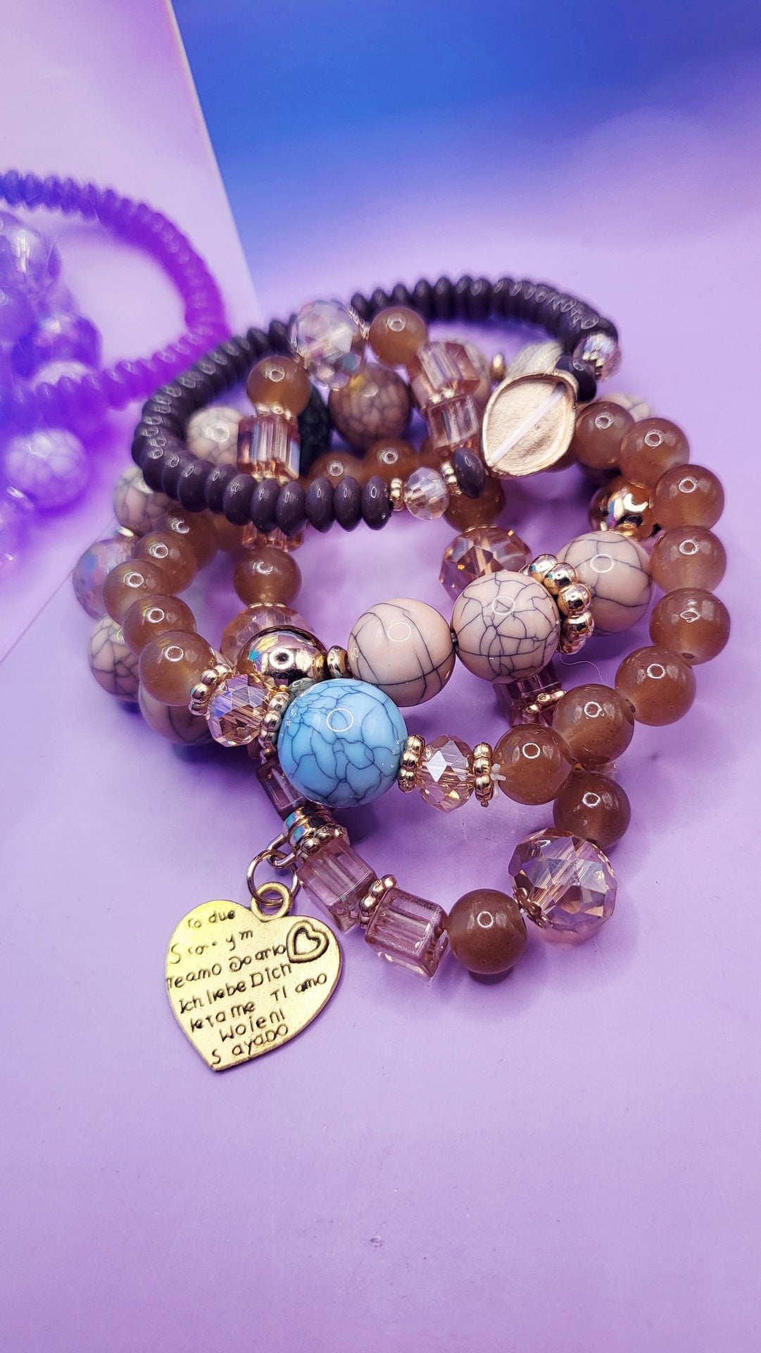 Heart Charm Ceramic Beaded Bracelet Set