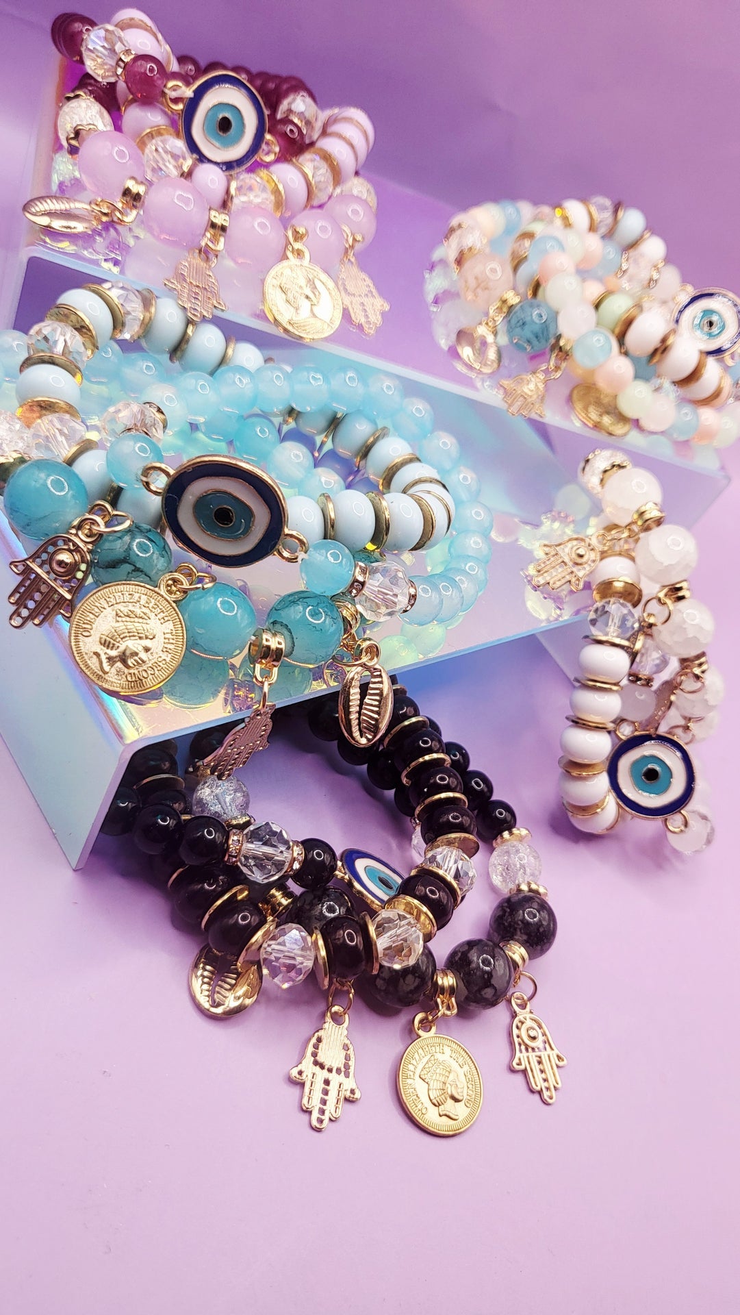 Evil Eye Charm Ceramic Beaded Bracelet Set