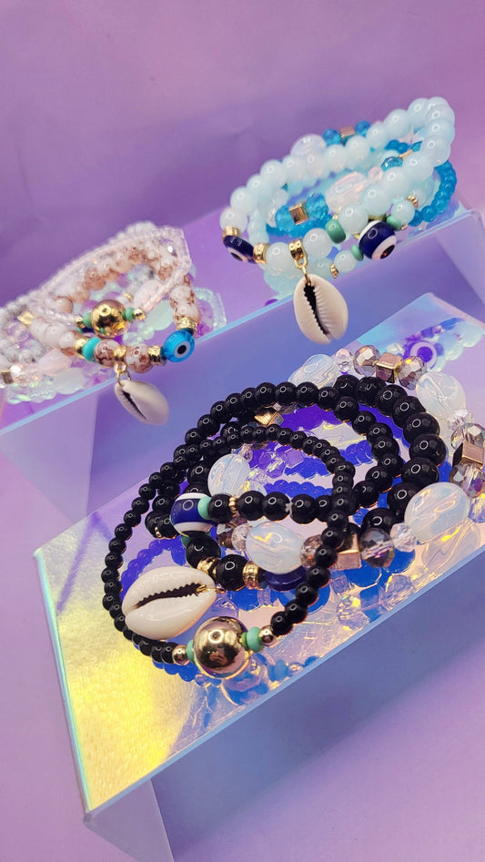 Shell Charm Ceramic Beaded Bracelet Set