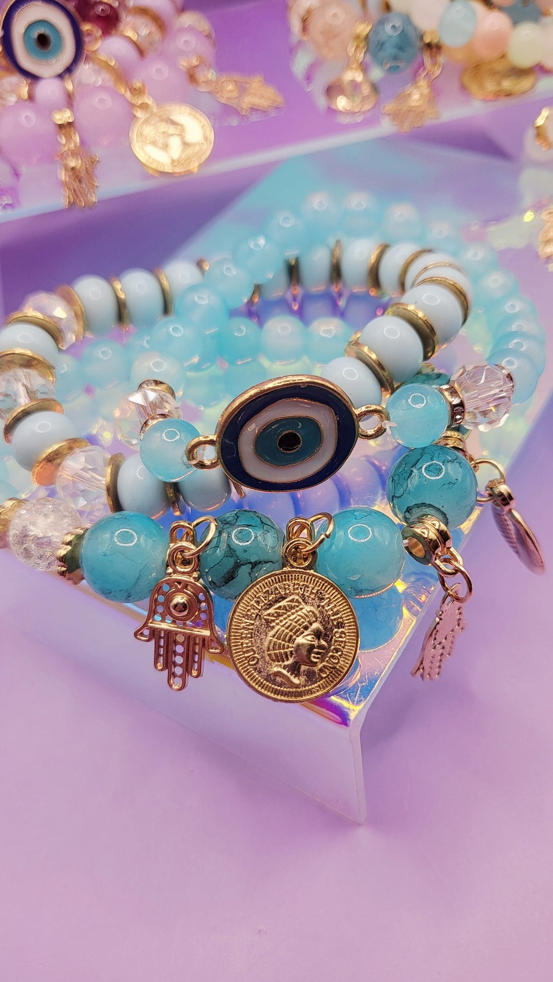 Evil Eye Charm Ceramic Beaded Bracelet Set