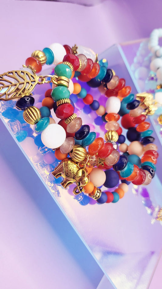 Elephant Charm Ceramic Beaded Bracelet Set