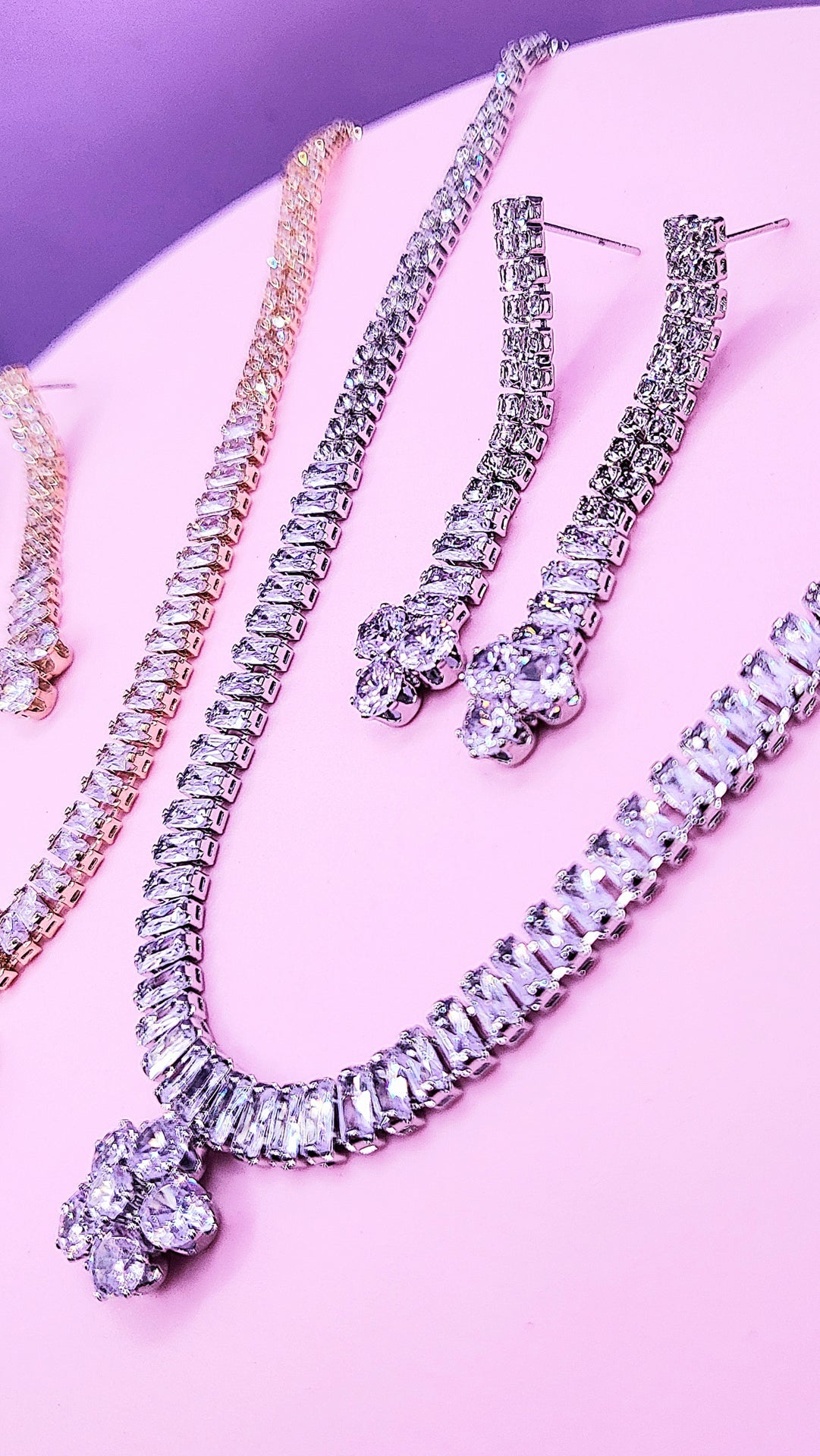 Flower Crystal Baguette Cut Layered Necklace Set